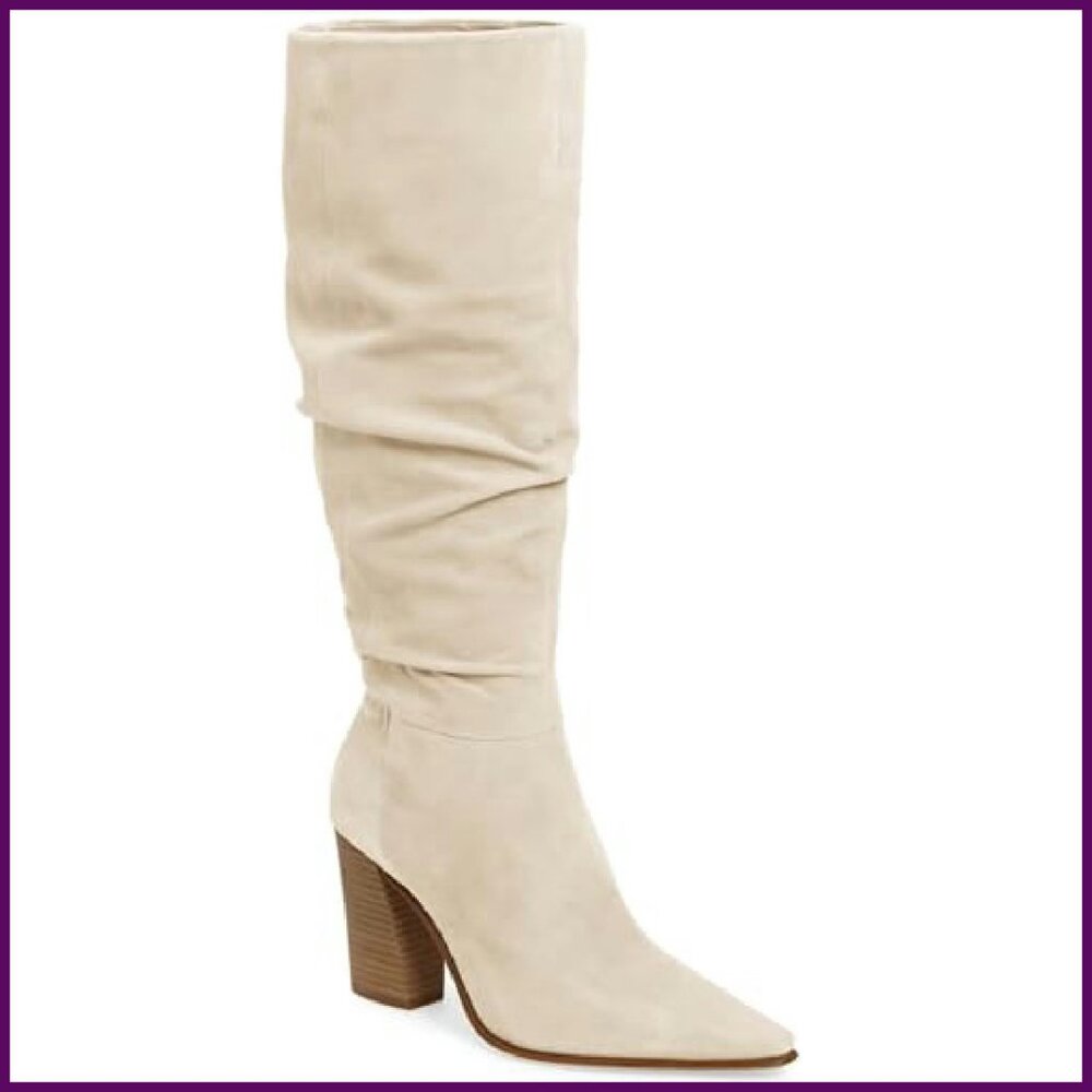 Women's Faux Suede Knee High Boots Pointed Toe Chunky Heel Side Zipper - Picture 2 of 8